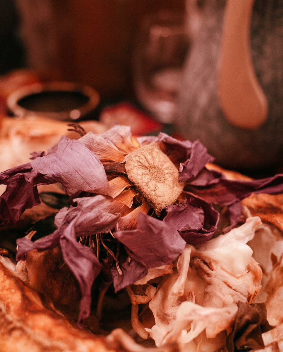 Dried flowers and clay vessels — ceremonial still life